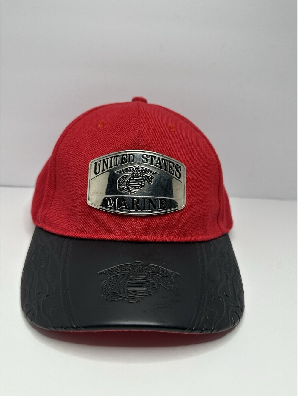 US Marine Hat Cap Metal Patch Faux Leather USA Veteran Red See Description